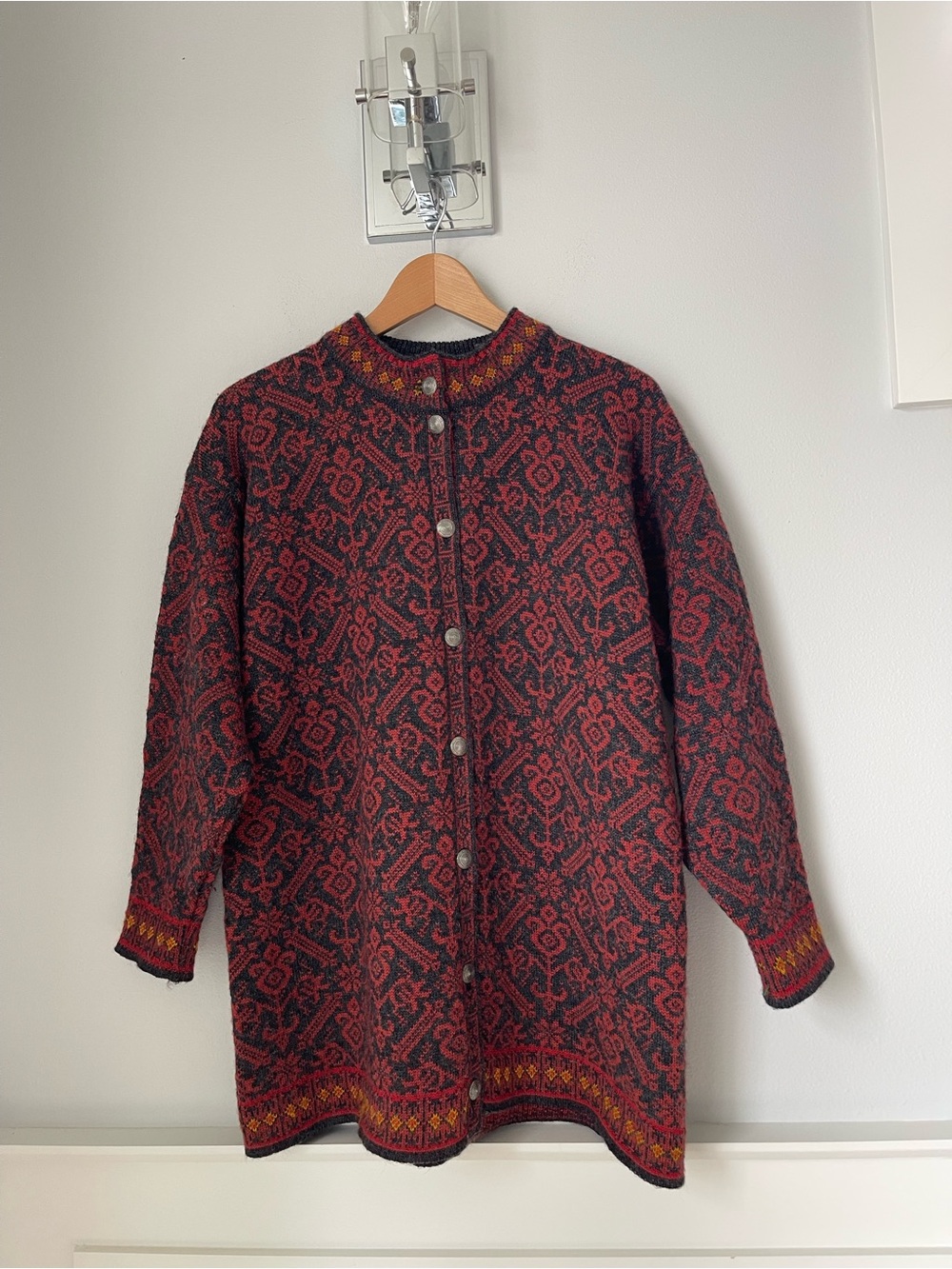 Dale of Norway Red and Black Patterned Wool Cardigan